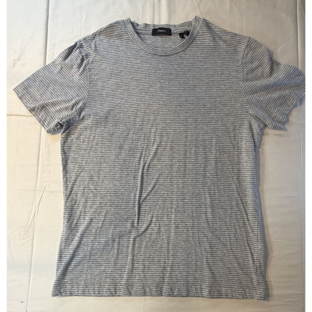 🩶🤍 Theory Tiny Tee 2 Moto Gray & White Striped T-Shirt Women's Size Small 👚✨
